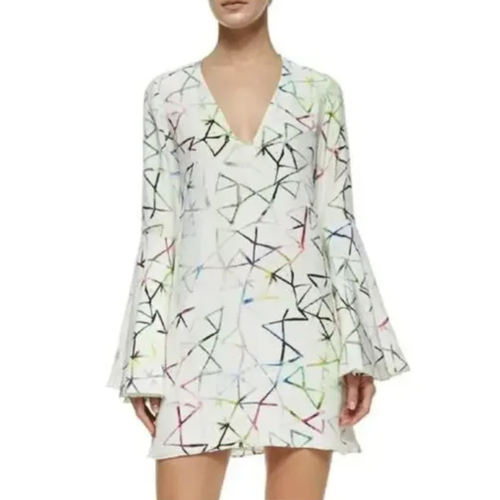 Alexis Giovanna Flounce Bell Sleeve V-Neck Mini Dress White Multi Women's Size S